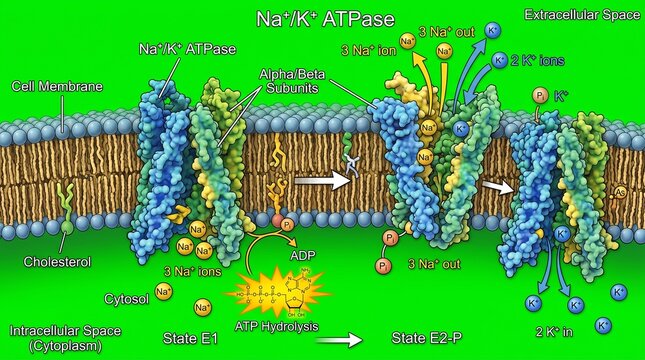 Detailed illustration of the nak atpase pump mechanism in cell membrane