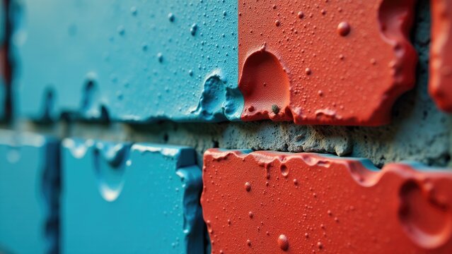 A close-up shot of a brick wall with small water droplets forming on its surface