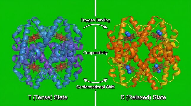 Hemoglobin protein structure in tense and relaxed states with oxygen binding