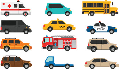 City Transport and Emergency Vehicle Vector Icon Set Featuring Ambulance Police Car Fire Truck Taxi and School Bus for Logistics Graphic Designs © MdGohurul
