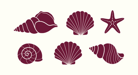 Maroon sea shell and starfish silhouette collection vector set isolated on plain light background. © RUMA