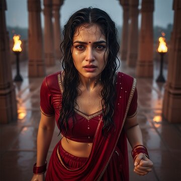 Distressed Indian woman in traditional red attire running through rain with emotional expression