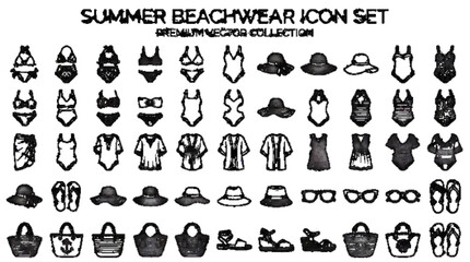 Obraz premium coloring Summer beachwear icon set, bikinis, swimsuits, cover ups, beach hats, sunglasses, sandals, tote bags, premium vector collection, black and white, white background