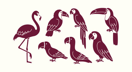 Vector Silhouette Collection of Tropical Birds Including Flamingo Toucan and Parrot Illustrations © RUMA