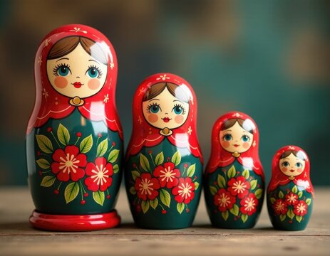 A collection of wooden Russian nesting dolls arranged on a flat surface
