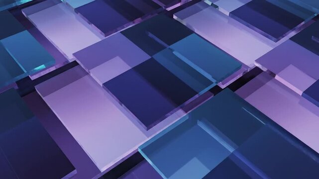 Abstract background of translucent blue and purple squares overlapping in a geometric grid pattern with varying opacity levels and smooth color transitions on a dark backdrop.