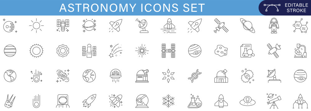 Astronomy Icons Collection Featuring Planets Satellites Rockets Telescopes Observatories Galaxies Astronauts Space Exploration Cosmic Science Vector Outline Symbol Pack for UI Infographics and Apps ed