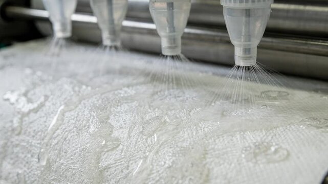 Closeup medium shot of kitchen tissue webs undergoing antimicrobial treatment during conversion emphasizing foodsafe coating to prevent bacterial growth.