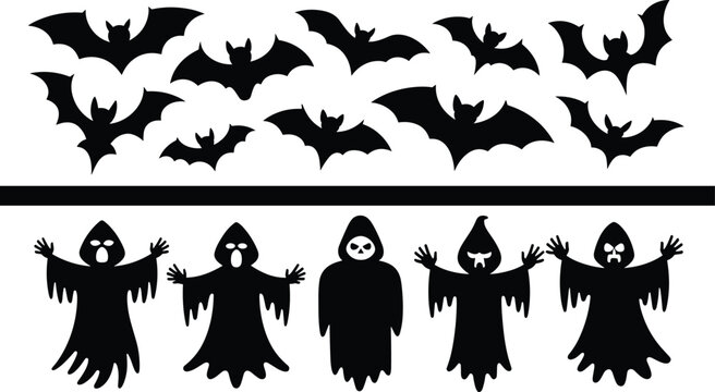 Black bat silhouettes and ghost characters collection for halloween decoration and design