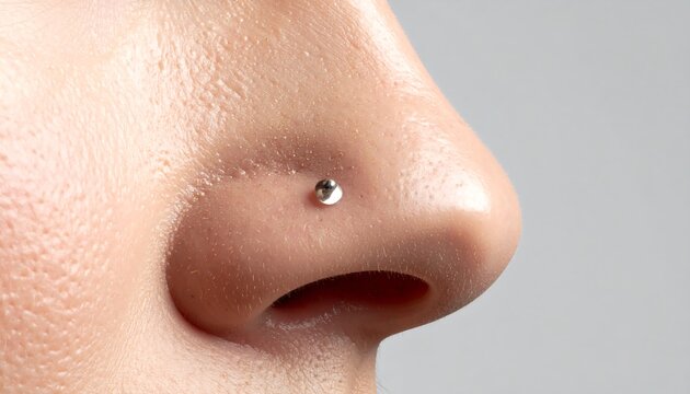 A close-up side view of a person's nose with a piercing