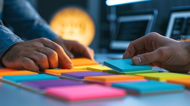 Macro shot of focused hands moving vibrant Kanban cards in an agile office with blurred laptops and a softly glowing clock showing 229 illuminated by crisp overhead lighting.