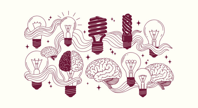 Conceptual line art illustration of human brains and light bulbs representing the creative process.
