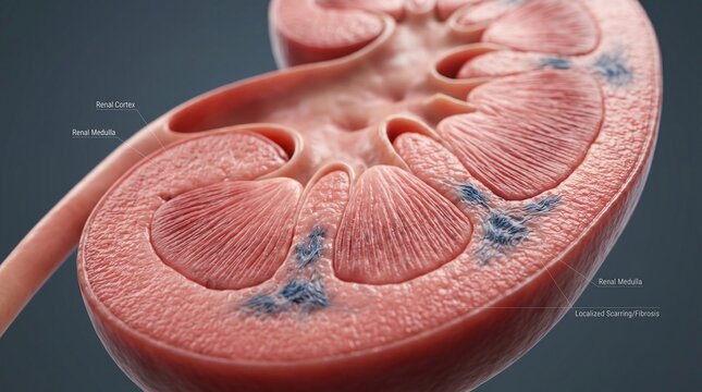 High-fidelity 3D medical render of a human kidney cross-section, showing internal renal structures and localized gray tissue scarring from chronic pathology on a clean blue background.