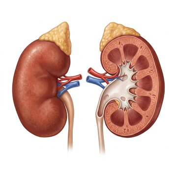 Ultra-realistic 3D anatomy illustration of a single human kidney nephron filtration unit, showcasing the glomerulus cluster, loop of Henle, and arterial vascular capillaries network.