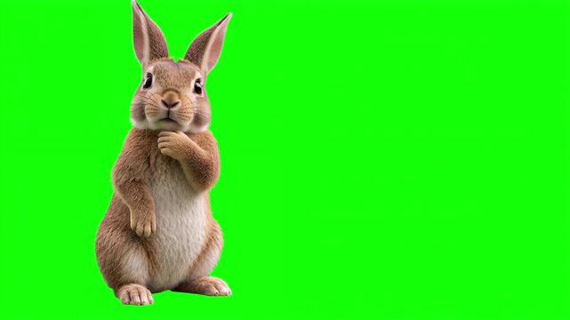Realistic 3D rabbit touching chin in a deep thinking and analyzing gesture, thoughtful problem solving and careful decision making business concept isolated on chroma key green screen background