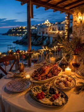 Griechische Weihnachtstafel bei blauer Stunde
Hochformat mit festlichem Abendessen, Braten, Wein, Kerzen und mediterraner Weihnachtsdeko &uuml;ber der griechischen K&uuml;ste.
