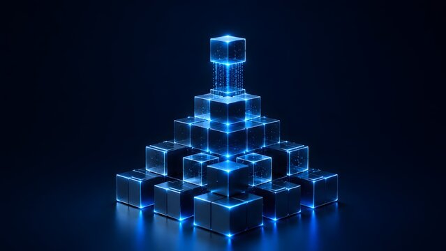 Futuristic dark metallic cubes stacked in a pyramid with glowing blue data streams connecting the top block representing digital network technology