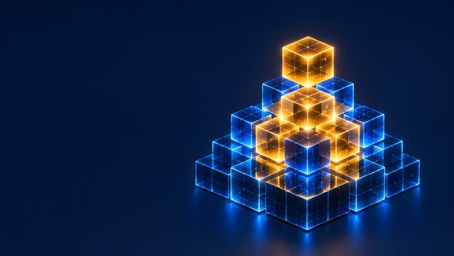 Glowing digital cube pyramid with a bright orange energy core and blue neon grid representing futuristic technology and data processing