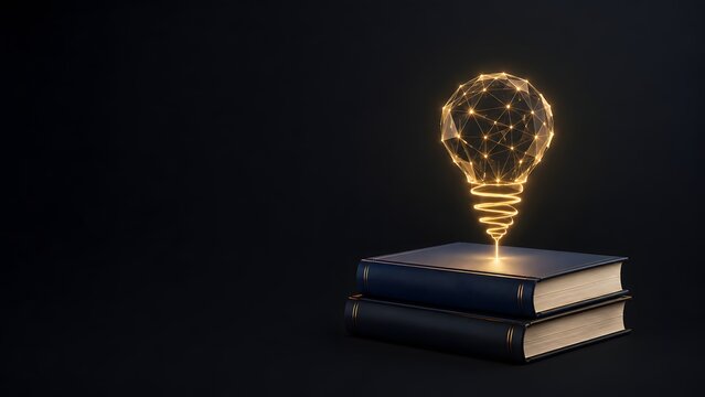 Digital glowing wireframe lightbulb floating above stacked books symbolizing online education knowledge and innovative learning technology