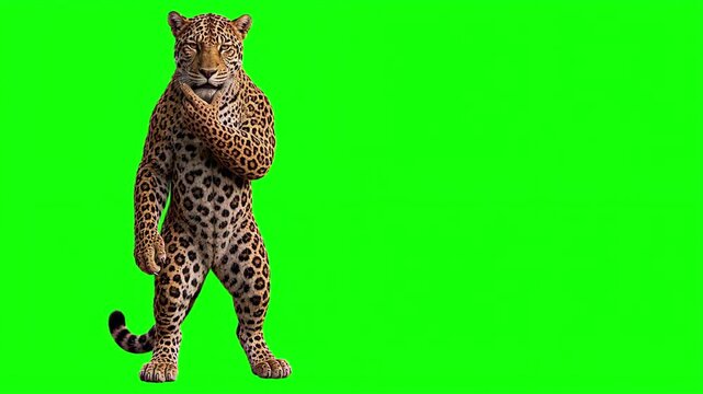 Realistic 3D leopard touching chin in a deep thinking and analyzing gesture, thoughtful problem solving and careful decision making business concept isolated on chroma key green screen background