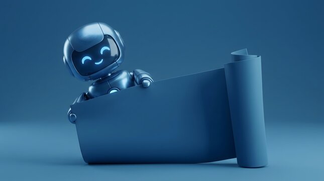 A friendly small robot holding a blank blue scroll for text copy space
