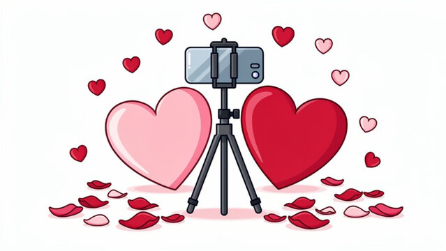 A smartphone on a tripod between two large hearts.
