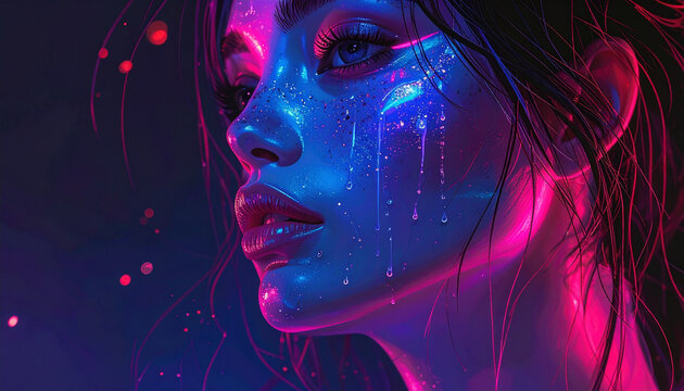 Portrait of woman with neon tears and glow
