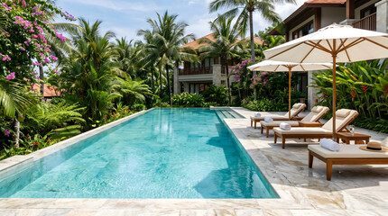 Fototapeta premium Luxury Swimming Pool with Ladder at Tropical Resort Villa