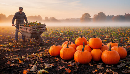 Adult male farmer pushing a rustic wooden wheelbarrow full of freshly harvested orange pumpkins in a scenic agricultural field covered with thick morning mist during autumn