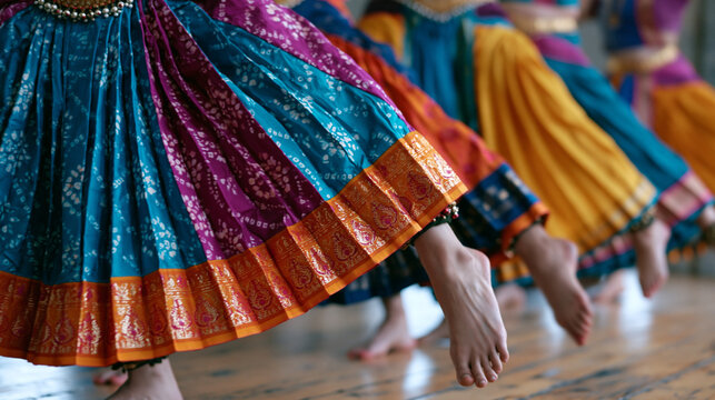 Young urban choreographer rehearses a company of twelve in a loft studio, blending classical bharatanatyam footwork with contemporary floor sequences, a mirrored wall reflecting the formation, minor