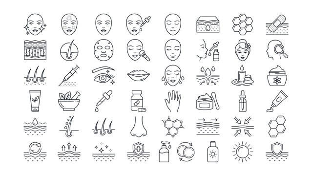 Collection of black line icons related to skincare and beauty products on white background