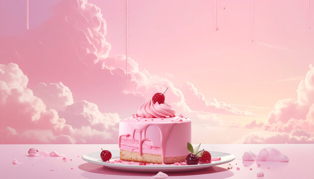 Pink cake slice with cherry on pink cloudscape