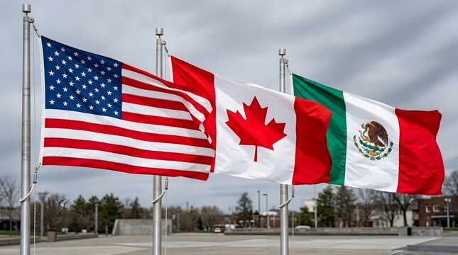 North american flags displayed united states canada and mexico national banners waving in the breeze