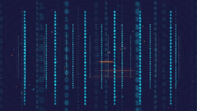 Abstract digital binary code raining down on a dark blue technological background