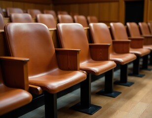 Fototapeta premium A row of brown leather chairs placed on top of a hardwood floor, perfect for office or home use