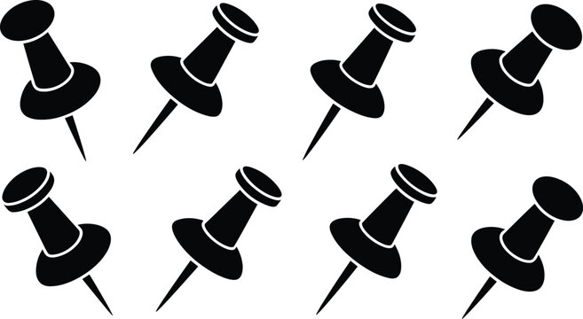 Collection of black push pin silhouettes with white line details pointing downwards isolated on a white background