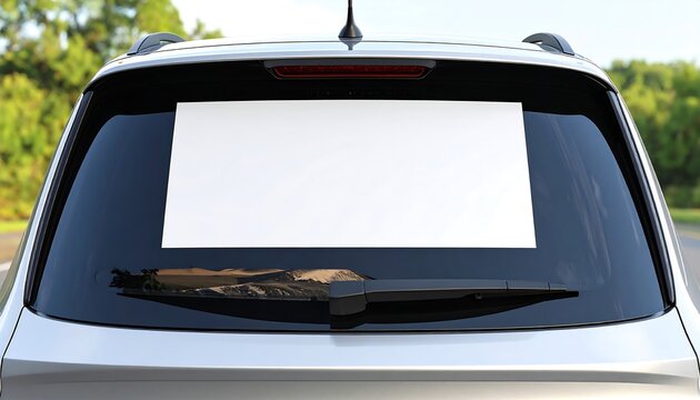 A close-up view of a white SUV's rear window with a blank white sign