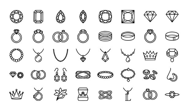 Precious Gemstone and Jewelry Outline Icons Vector Set for Luxury Design