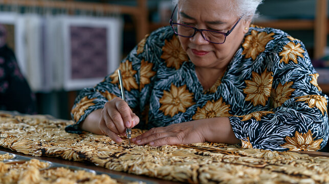 Master beeswax batik artist in a humidity-controlled studio traces intricate floral patterns onto stretched fabric with a tjanting tool, a tray of wax pots kept warm below the table, printed samples