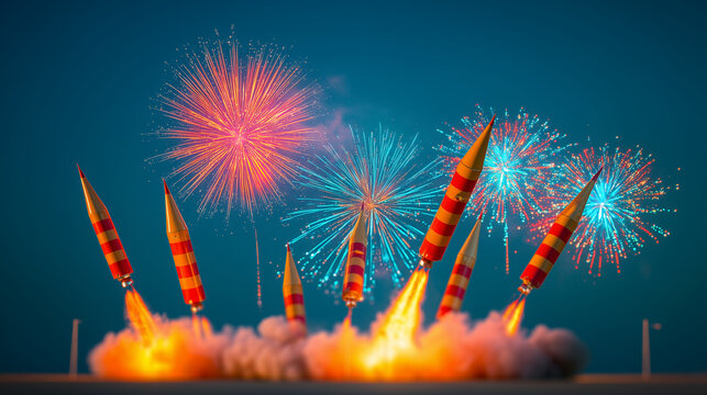 Colorful fireworks launch at dusk with decorative rockets and bright explosions, holiday celebration, festival night, party event, New Year background, sparkling sky and clean prem