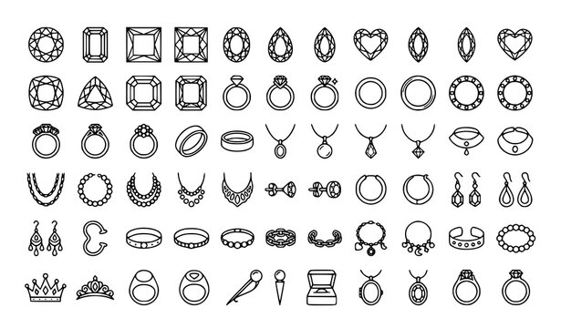 Minimalist Gemstone Pearl Crown and Jewelry Line Art Icons Vector Collection