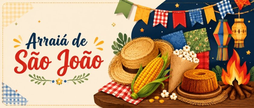 Festa Junina party banner with Portuguese text Arrai&aacute; de S&atilde;o Jo&atilde;o meaning Saint John fair, corn, straw hats, flags, lanterns, bonfire, cake, popcorn, beige background for cultural marketing use
