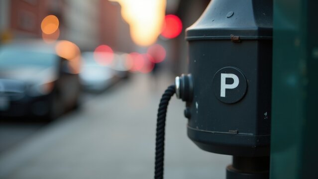 A close-up view of a parking meter on a busy city street