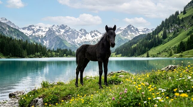Majestic Black Foal Standing by a Serene Alpine Lake Surrounded by Snow Capped Mountains and Vibrant Wildflower Meadows