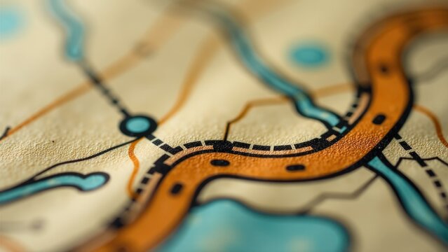 A close-up shot of a map showing a river's course and surroundings