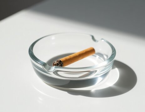 A single cigarette sitting in an empty glass ashtray on a table