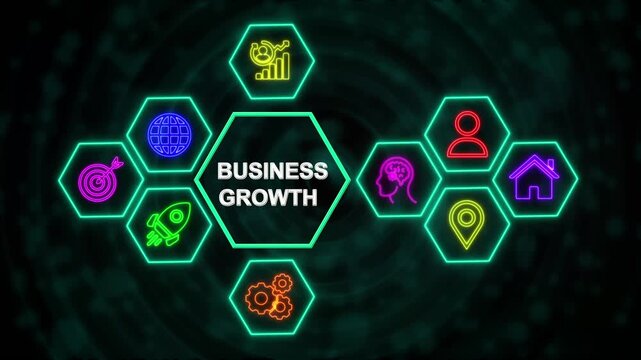 Business Growth Technology Network Concept with Neon Hexagon Icons, Digital Business Interface Background.4k video