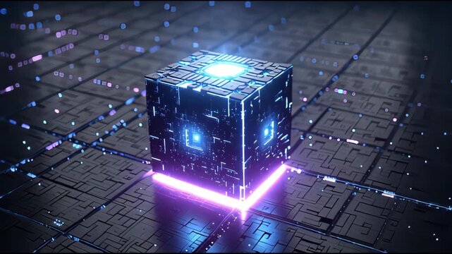 Illuminated digital cube displaying circuit patterns and emitting neon light on technological surface