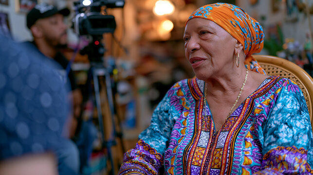 Television documentary crew sets up lighting in a cramped apartment where an elderly Cape Verdean morna singer runs through verses seated in a cane chair, her daughter translating for the director, 