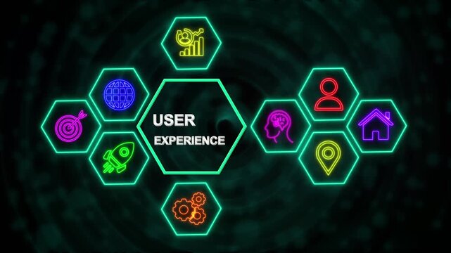 User Experience Technology Network Concept with Neon Hexagon Icons, Digital Business Interface Background.4k video